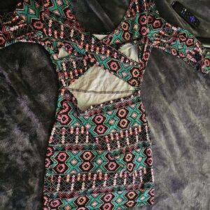 Charlotte Russe Teal & Pink Geometric Backless Bodycon Dress